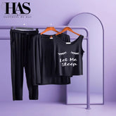 Black 3 Piece Lounge wear Nightwear Sleepwear For Women Let Me Sleep Print - Clothing By Has